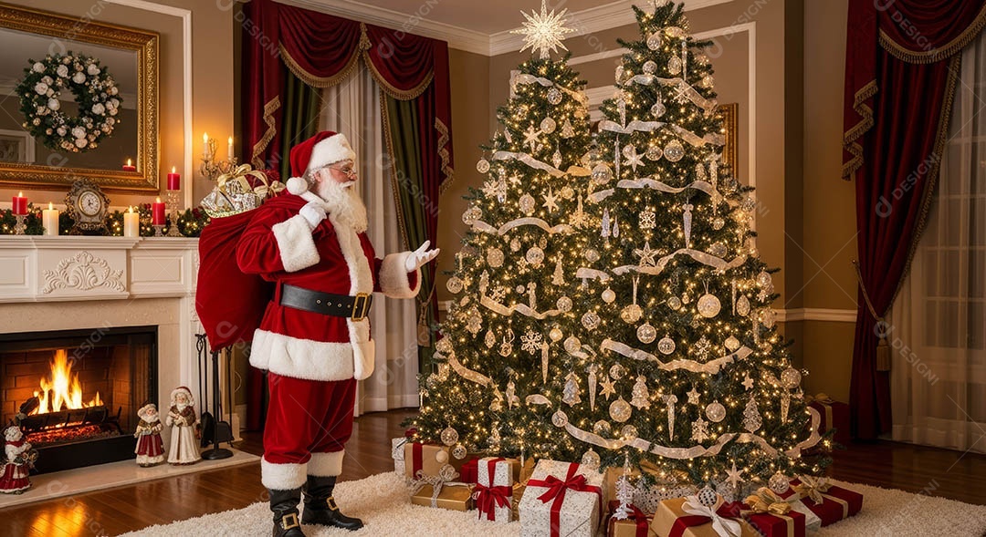 Um lindo papai noel em um ambiente natalino.