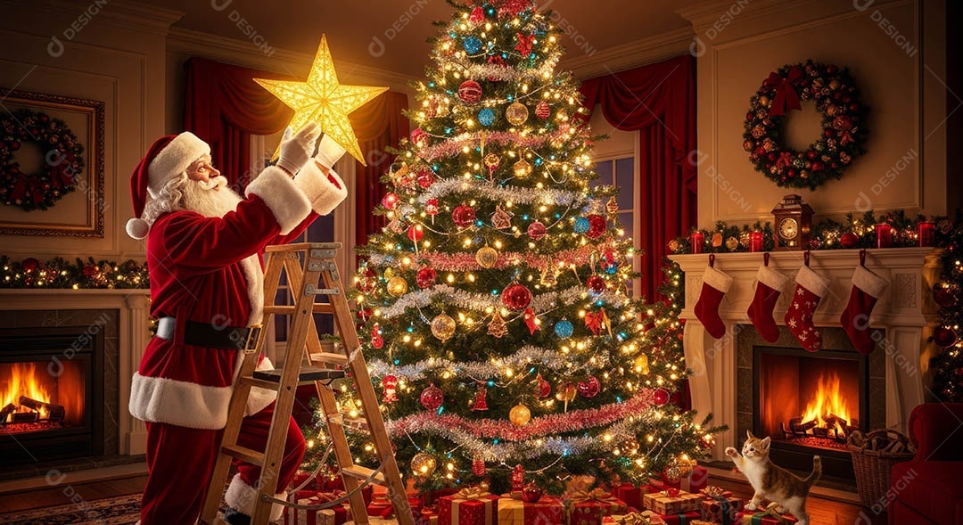 Um lindo papai noel em um ambiente natalino.