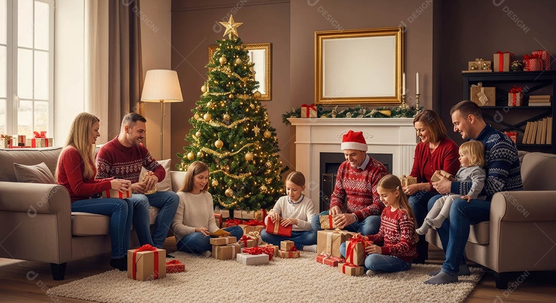 Uma família reunida em um ambiente natalino.