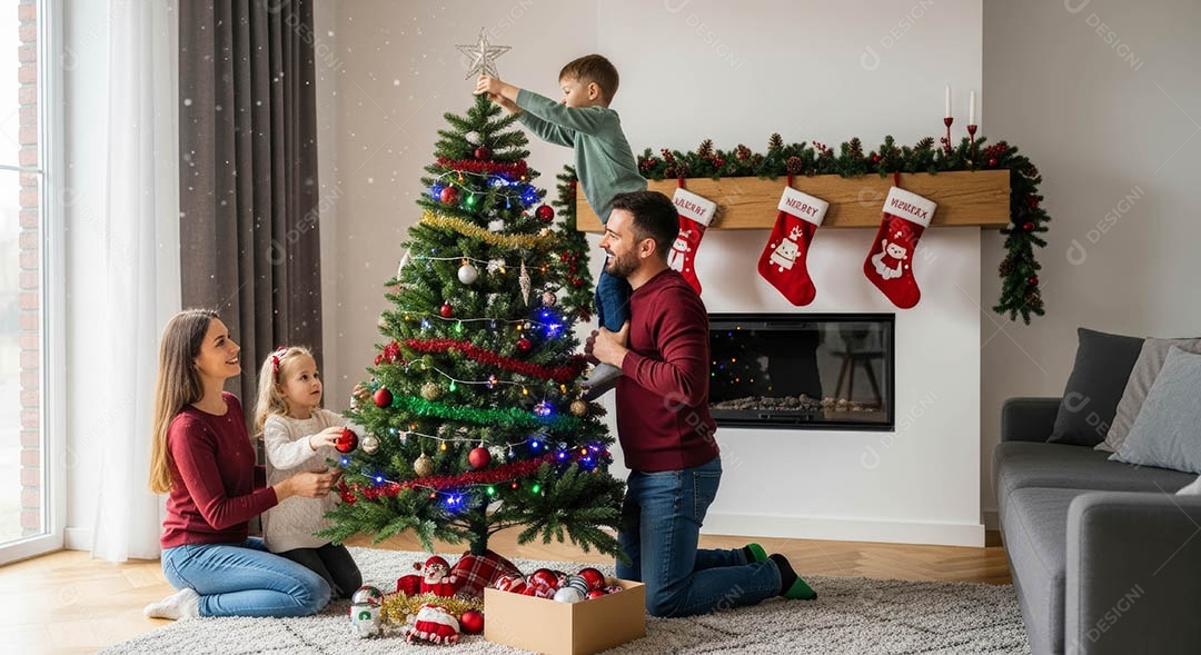 Pai e filho reunidos em um ambiente natalino.