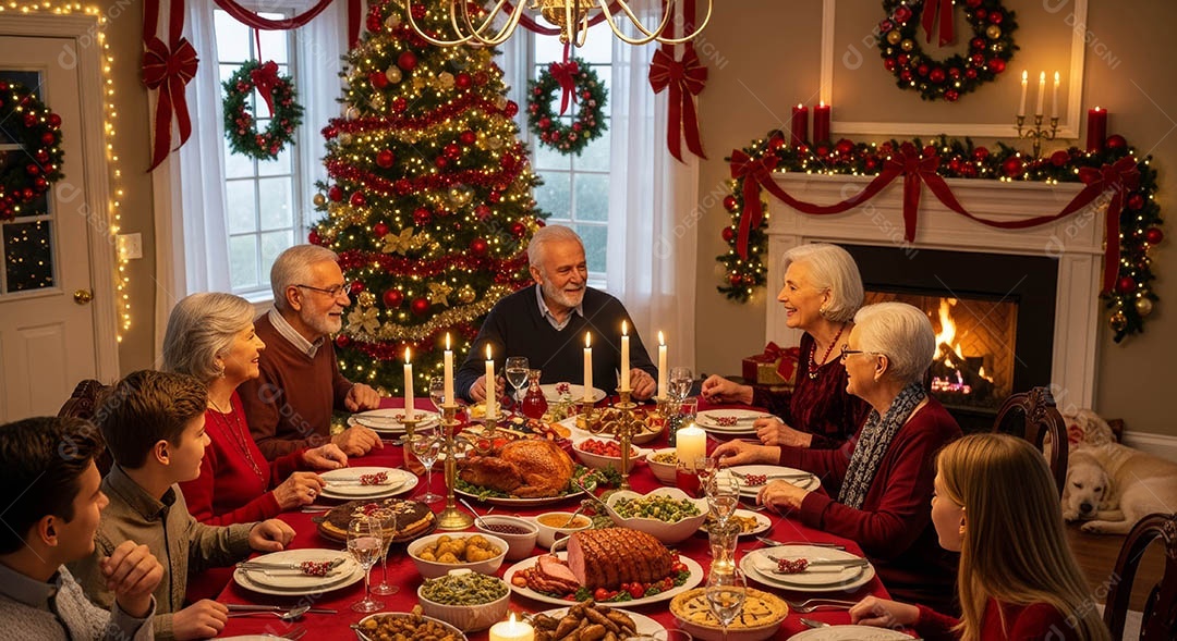 Uma família reunida em um ambiente natalino.