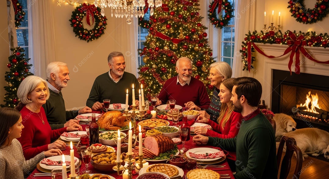 Uma família reunida em um ambiente natalino.