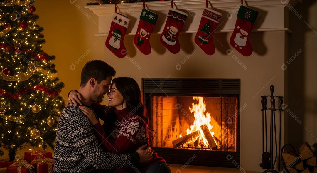 Um casal reunido em um ambiente natalino.