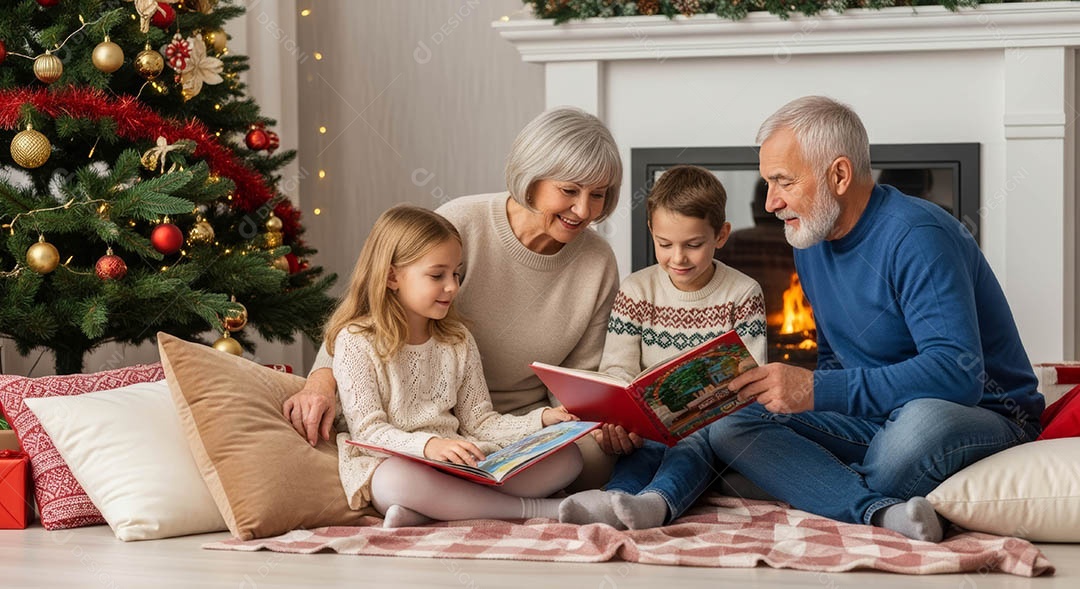 Uma família reunida em um ambiente natalino.