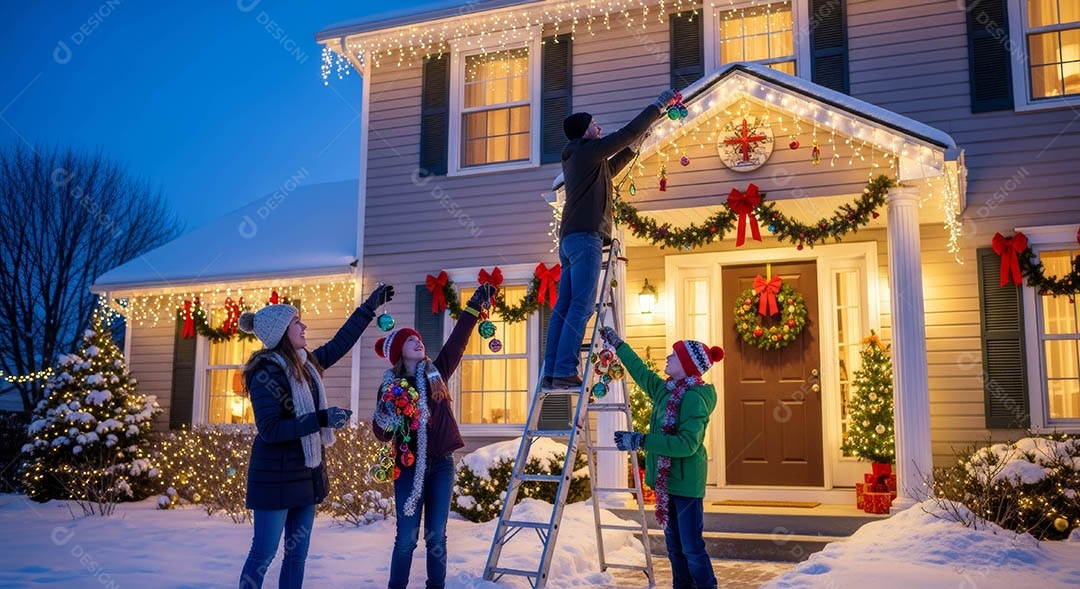 Uma família reunida em um ambiente natalino.