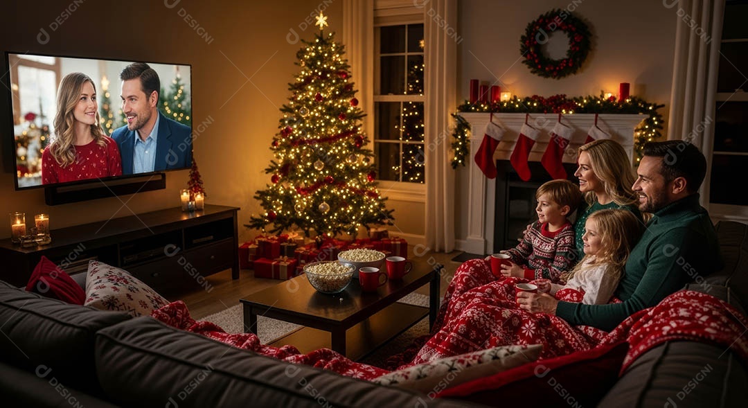 Uma família reunida em um ambiente natalino.