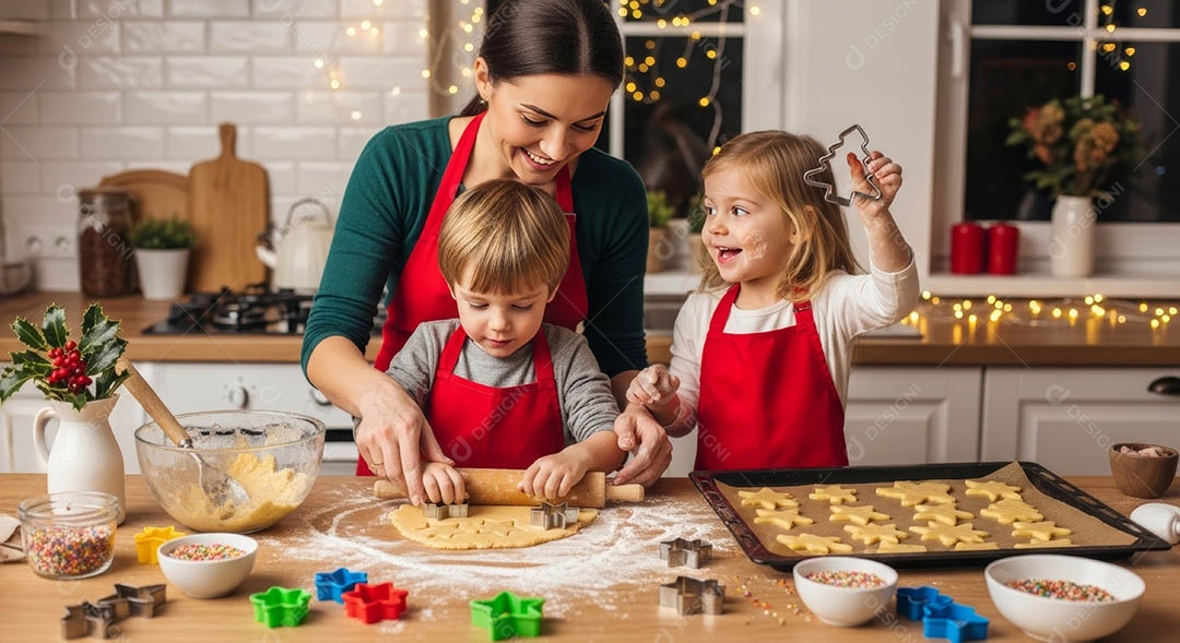 Uma família reunida em um ambiente natalino.
