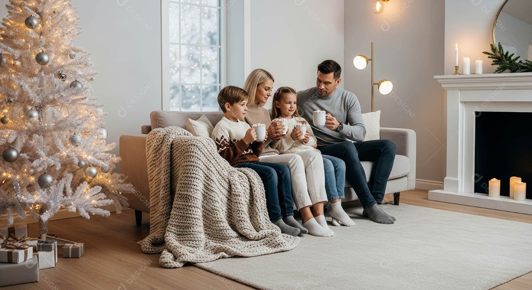 Uma família reunida em um ambiente natalino.