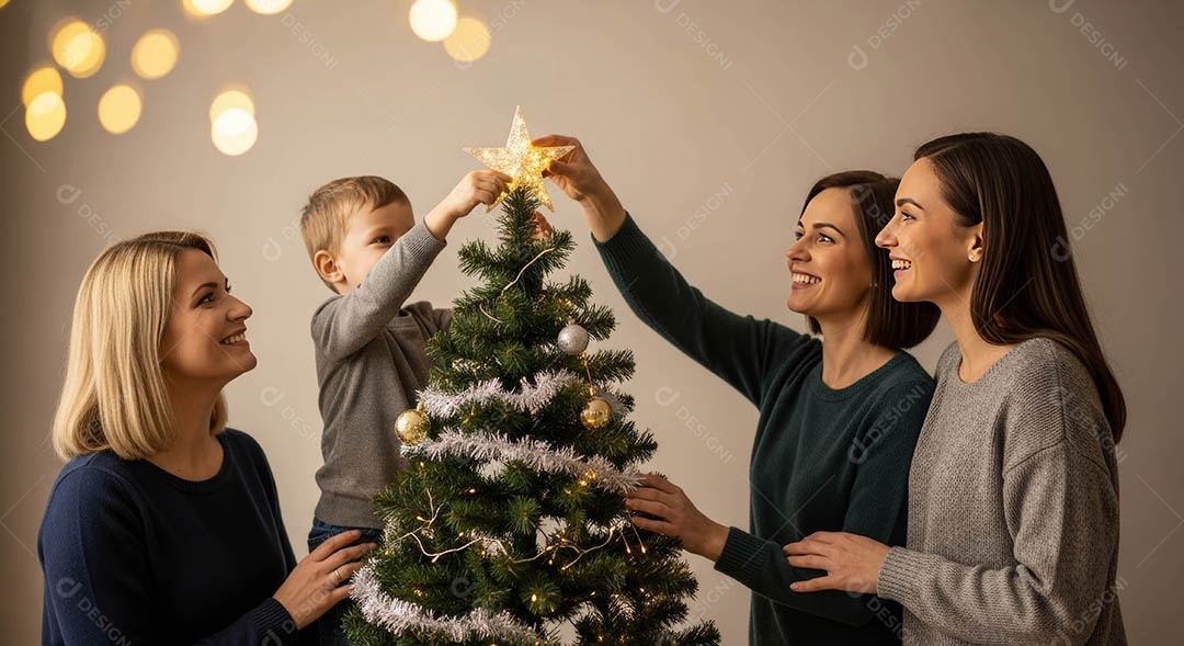 Uma família reunida em um ambiente natalino.