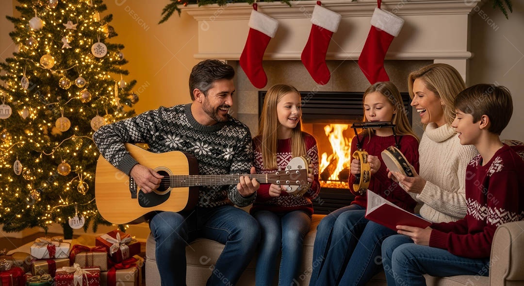 Uma família reunida em um ambiente natalino.
