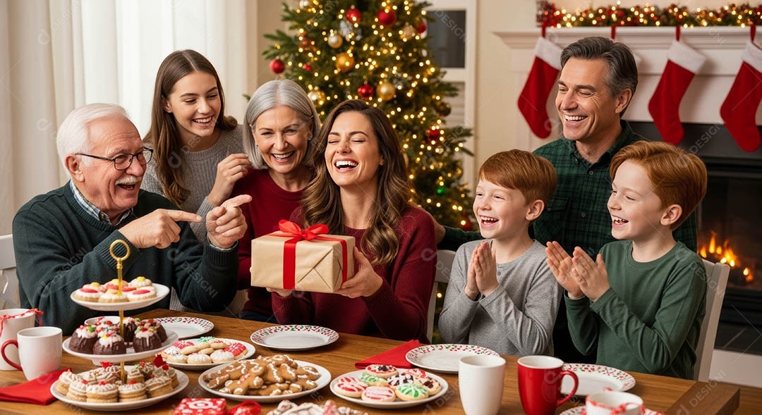Uma família reunida em um ambiente natalino.