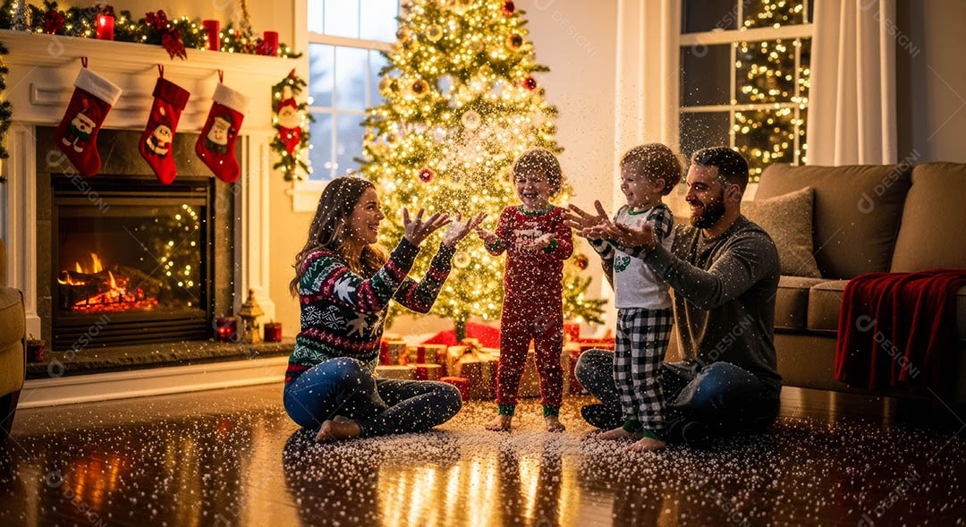 Uma família reunida em um ambiente natalino.