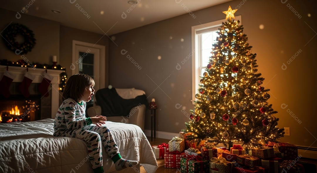 Cena de Natal encantadora mostra uma de crianças sentada na cama olhando uma árvore de natal.