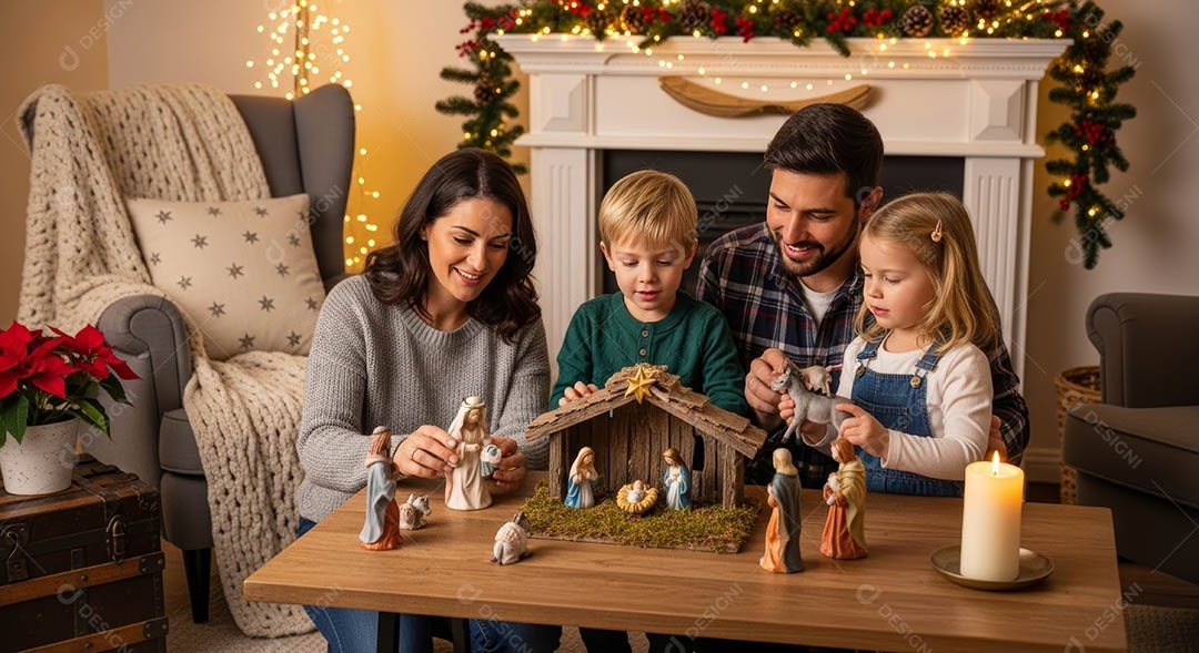 Uma família reunida em um ambiente natalino.