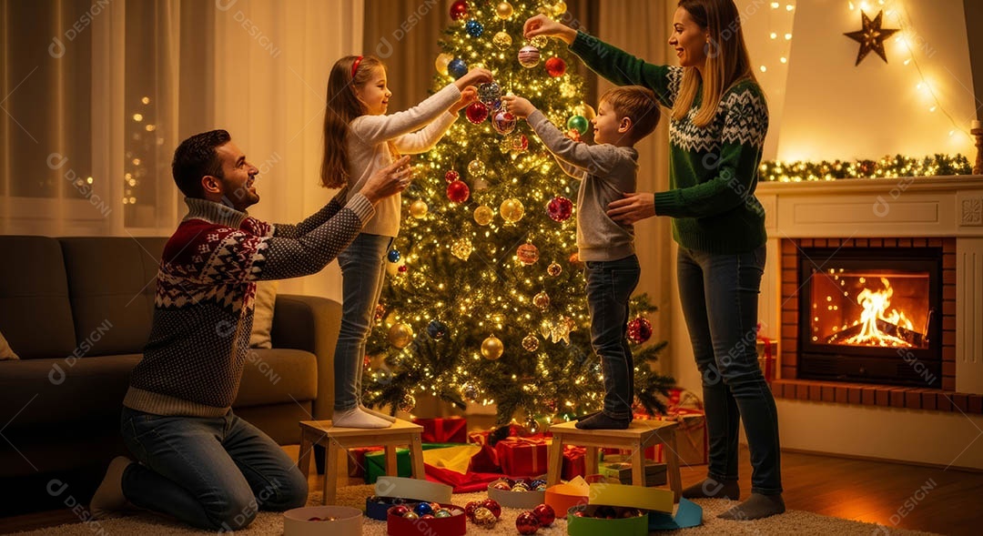 Uma família reunida em um ambiente natalino.