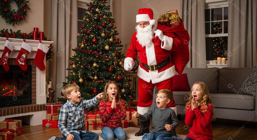 Cena de Natal encantadora mostra um grupo de crianças sentadas no chão de uma sala de estar.