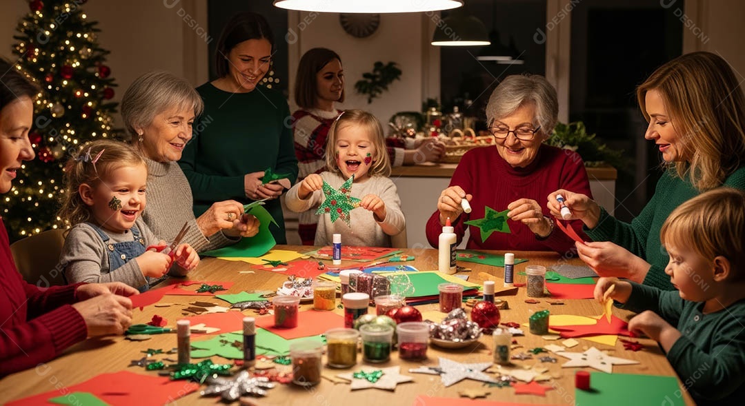 Uma família reunida em um ambiente natalino.