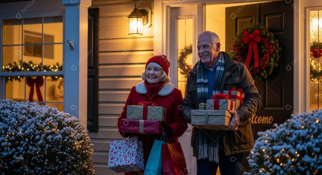 Um casal de idosos em um ambiente natalino.
