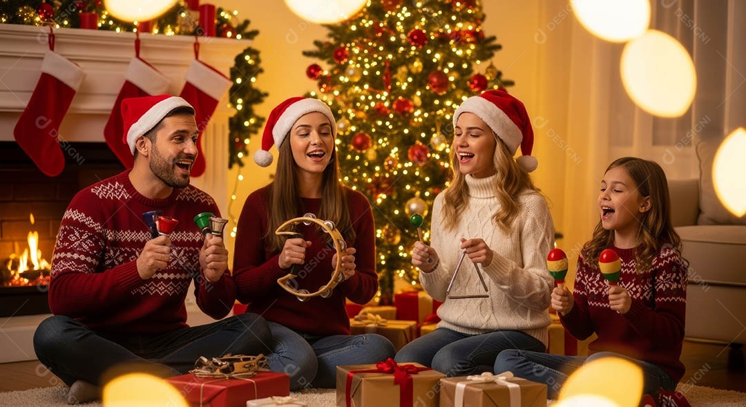 Uma família reunida em um ambiente natalino.