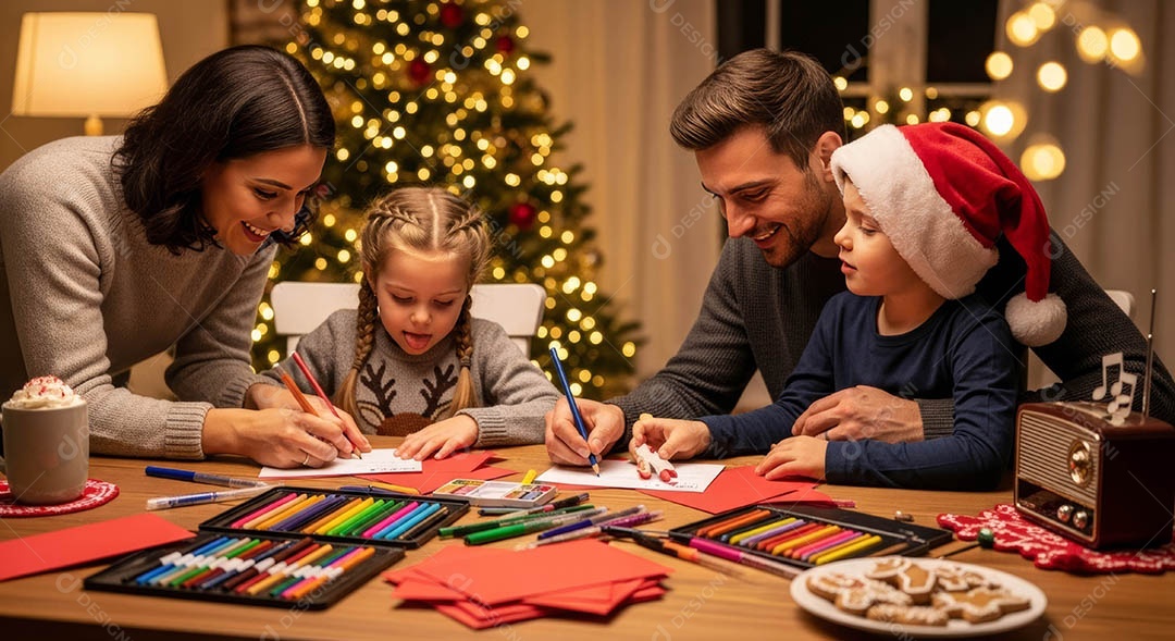 Uma família reunida em um ambiente natalino.