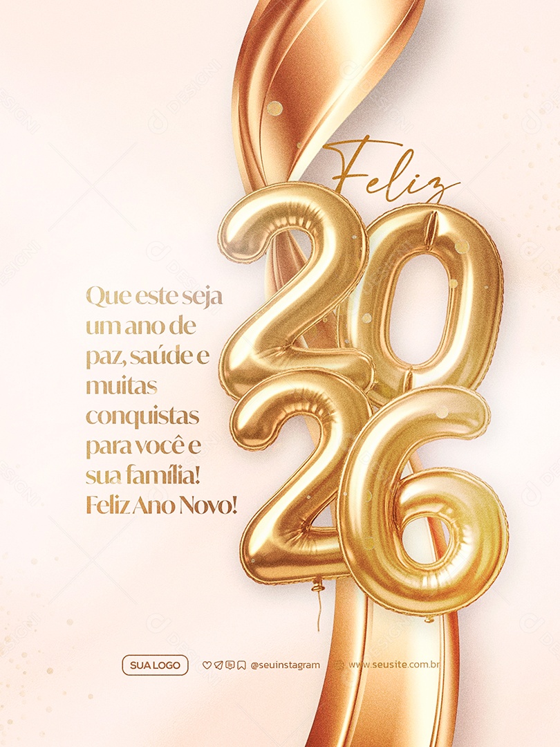 Feliz Ano Novo 2026 01 de Janeiro Social Media PSD Editável