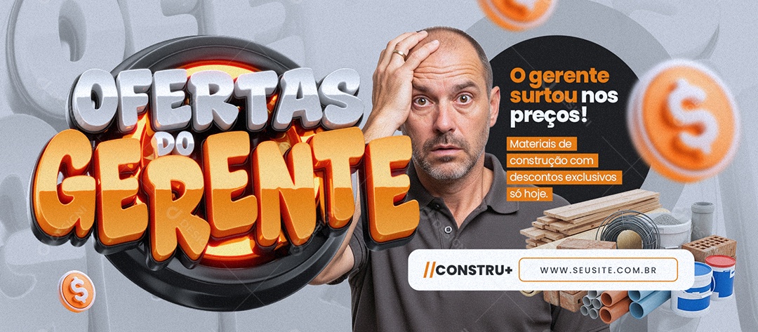 Banner Ofertas do Gerente Materiais de Construção com Descontos Exclusivos Social Media PSD Editável