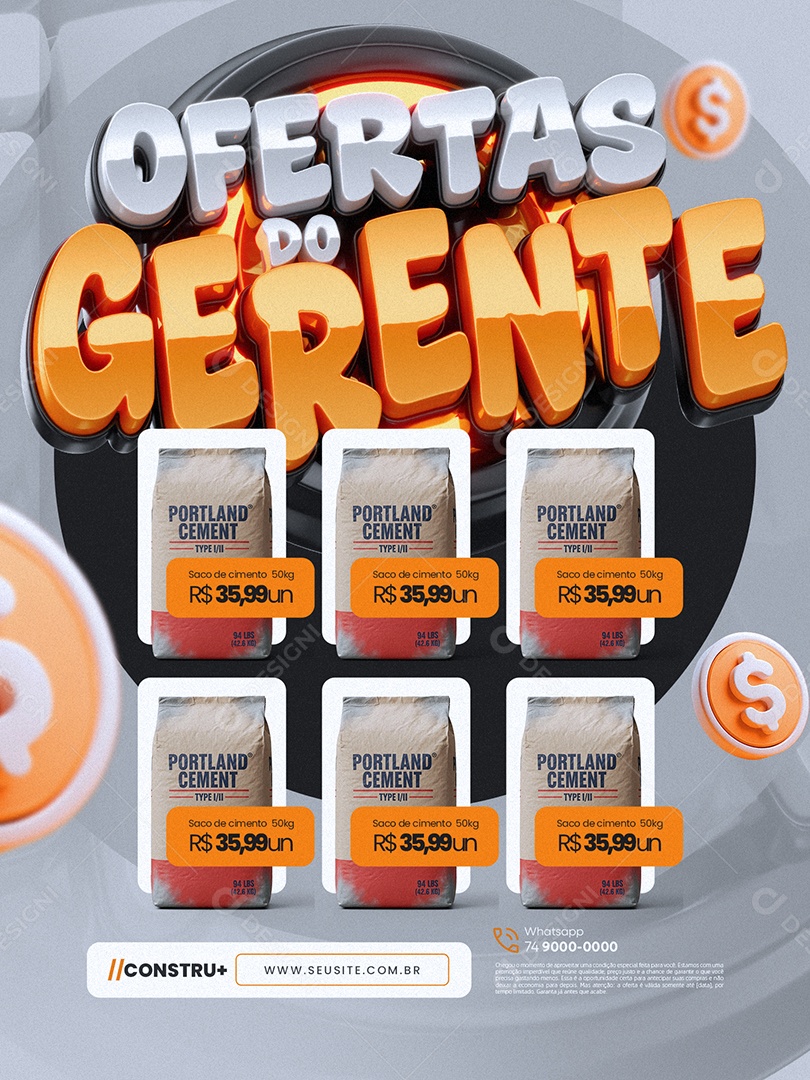 Ofertas do Gerente Construção Encarte Cimentos Social Media PSD Editável