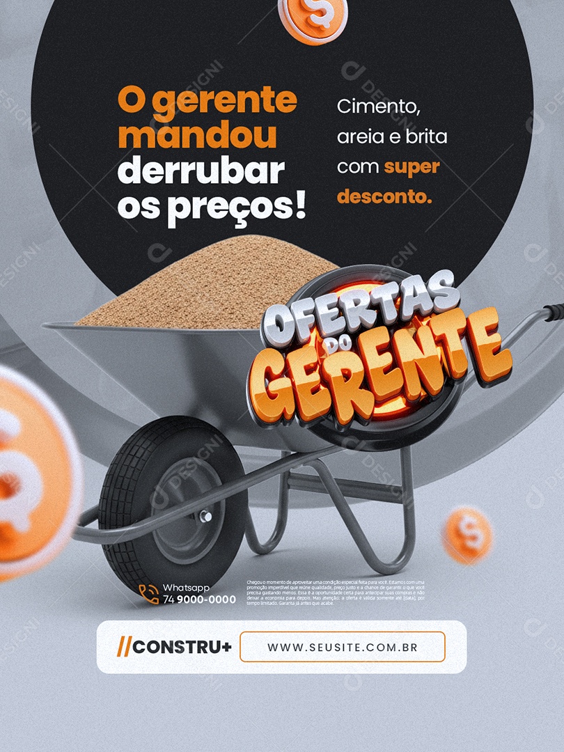 Ofertas do Gerente Construção Cimneto Areia e Brita Social Media PSD Editável