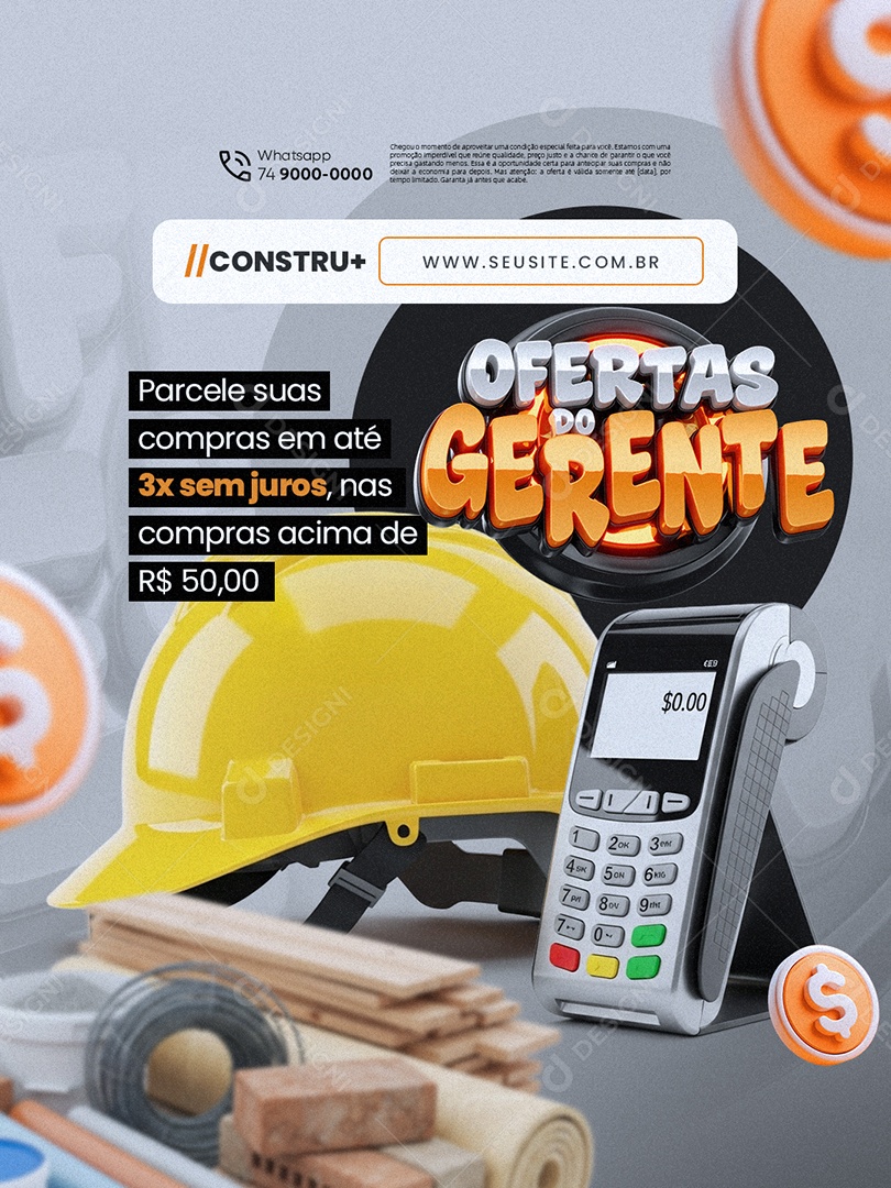 Ofertas do Gerente Construção Parcele Suas Compras Social Media PSD Editável