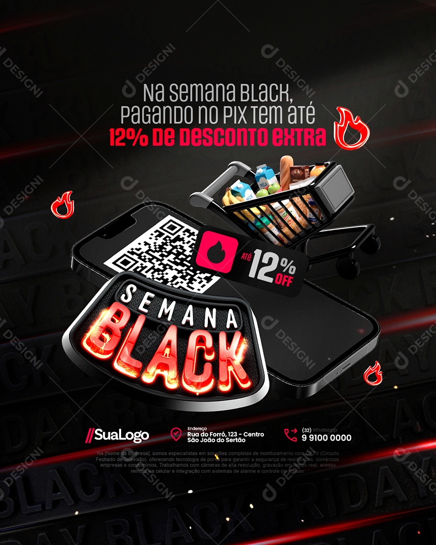 Semana Black Supermercado Pagando no Pix Tem Até 12% de Desconto Extra Social Media PSD Editável