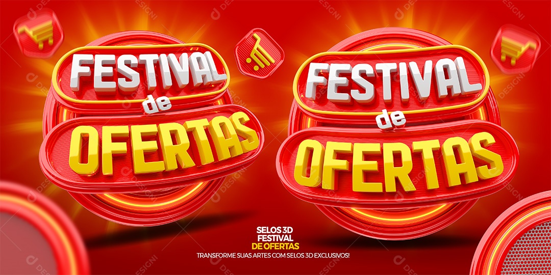 Festival de Ofertas Selo 3D Vermelho Branco e Amarelo para Composição PSD