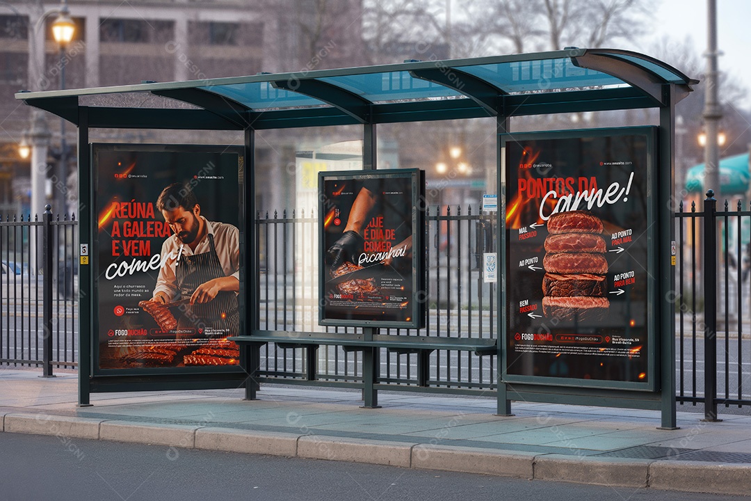 Mockup Parada de Ônibus com 3 Painéis PSD Editável