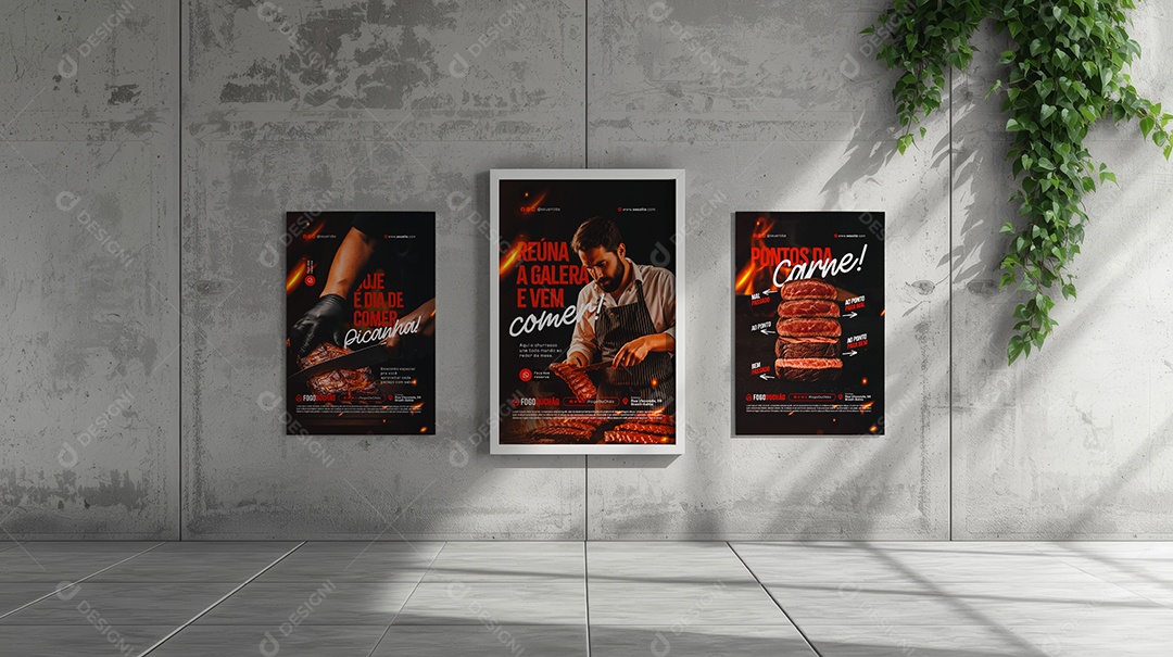 Mockup Trio de Cartaz Urbano no Muro PSD Editável