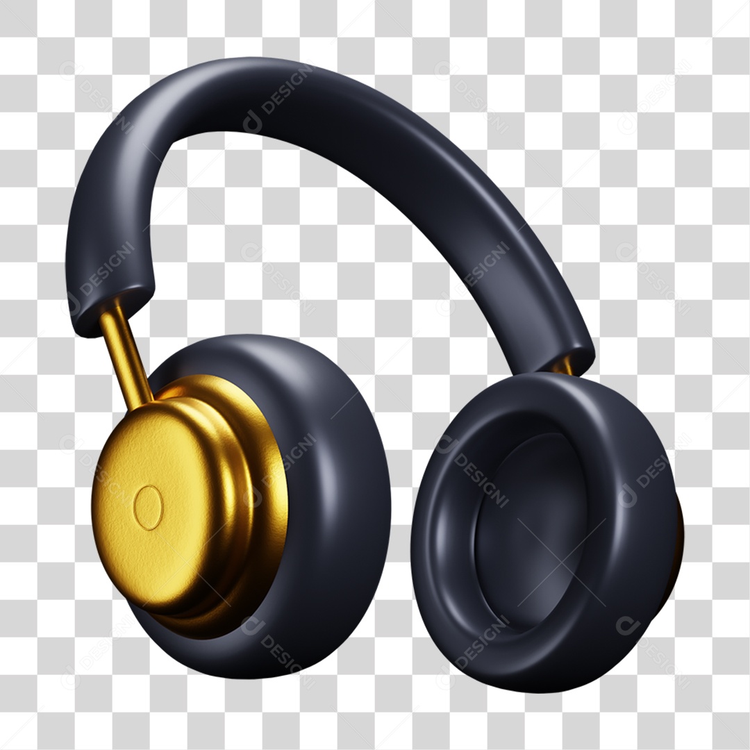 Ícone 3D de fone de ouvido preto e dourado com visual moderno ideal para temas de música áudio podcasts e tecnologia PNG transparente