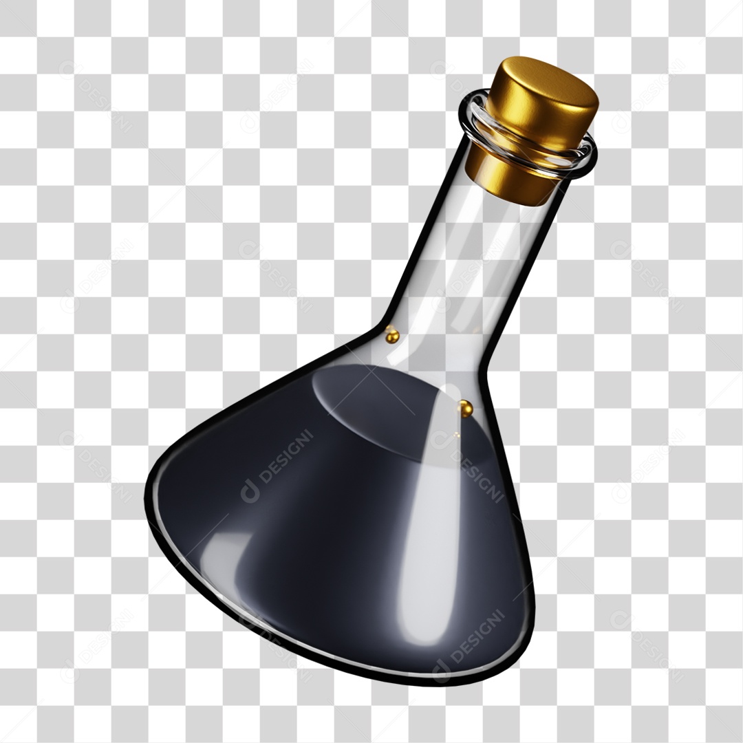 Ícone 3D de frasco de vidro com tampa dourada estilo laboratorial ideal para química poções ciência e experimentos PNG transparente