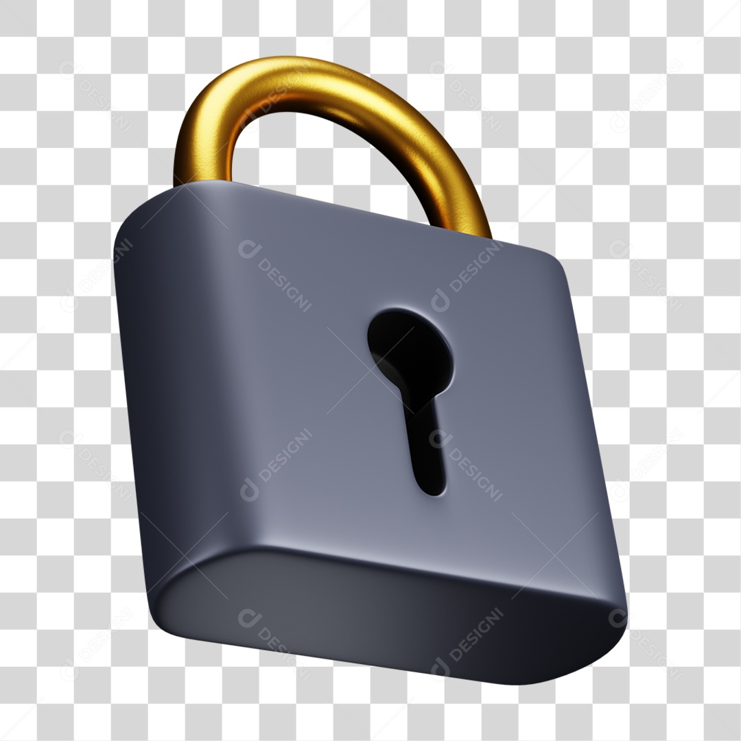 Ícone 3D de cadeado preto com arco dourado representando segurança privacidade proteção e criptografia PNG transparente