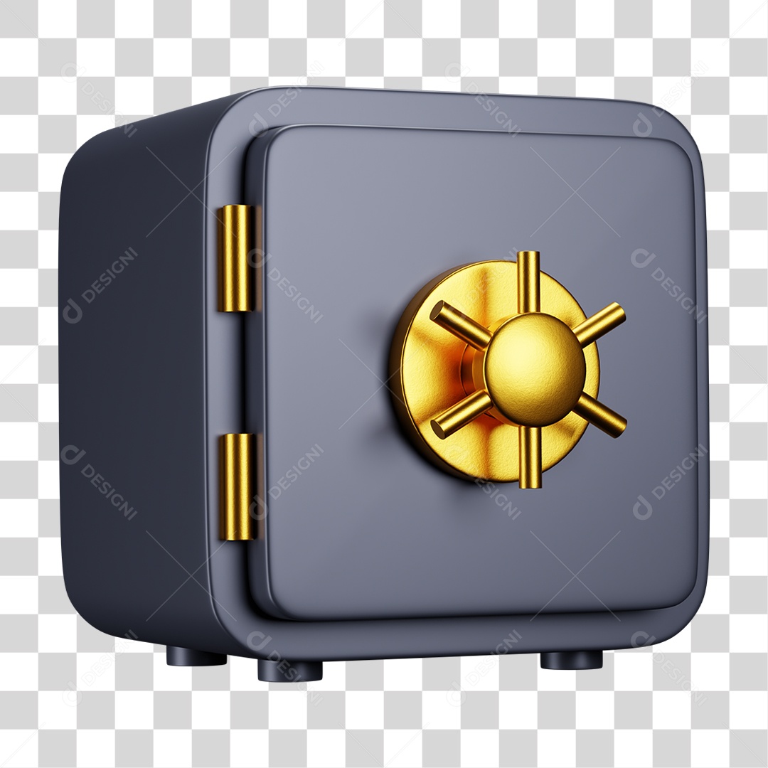 Cofre metálico cinza com detalhes dourados e trava frontal PNG transparente