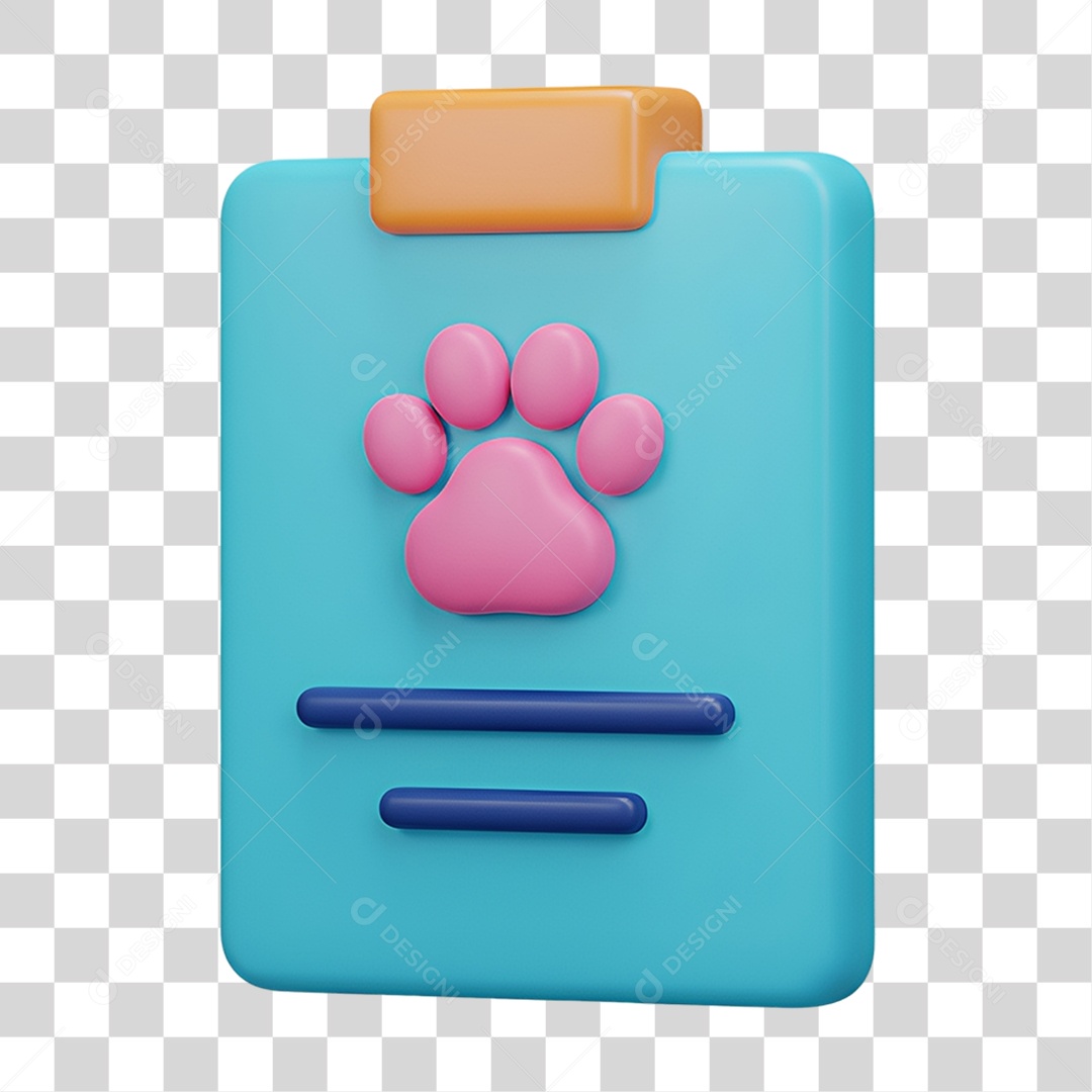 Ícone 3D prancheta veterinária azul com pata rosa PNG transparente