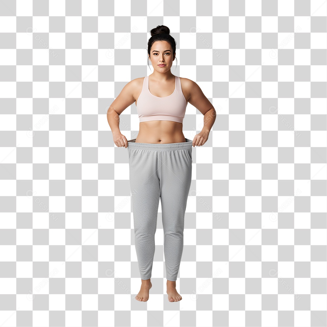 Mulher exibindo calça larga após perder peso pose frontal PNG transparente