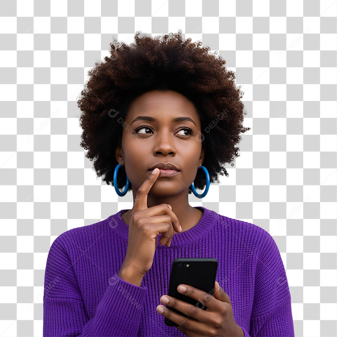 Mulher pensando segurando celular expressão de dúvida PNG transparente