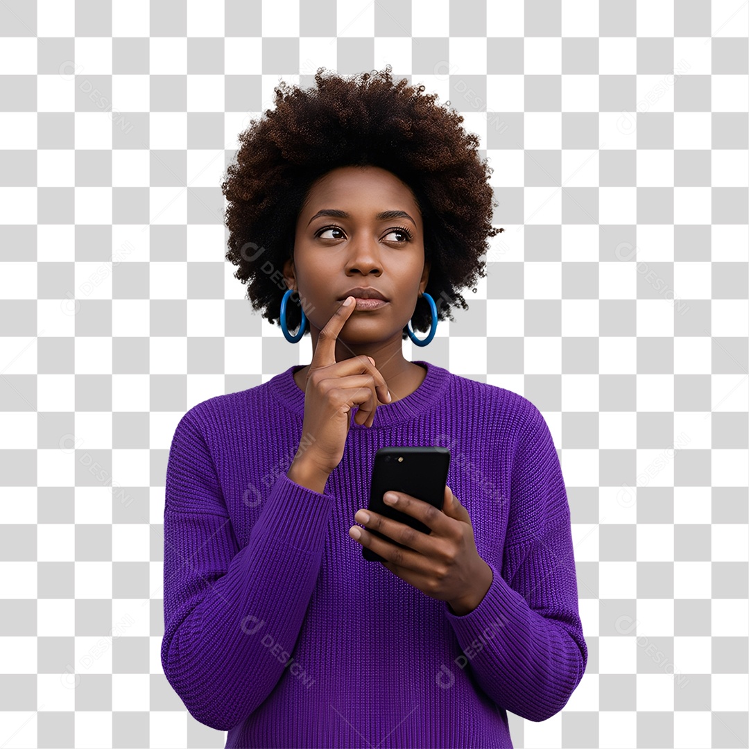 Mulher pensativa olhando para cima com celular na mão PNG transparente