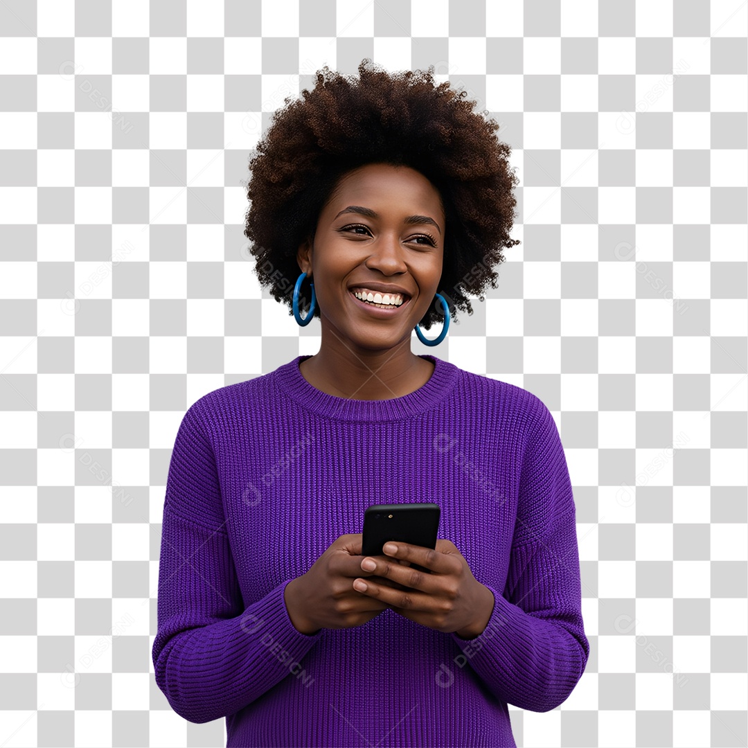 Mulher sorrindo segurando celular expressão de felicidade PNG transparente