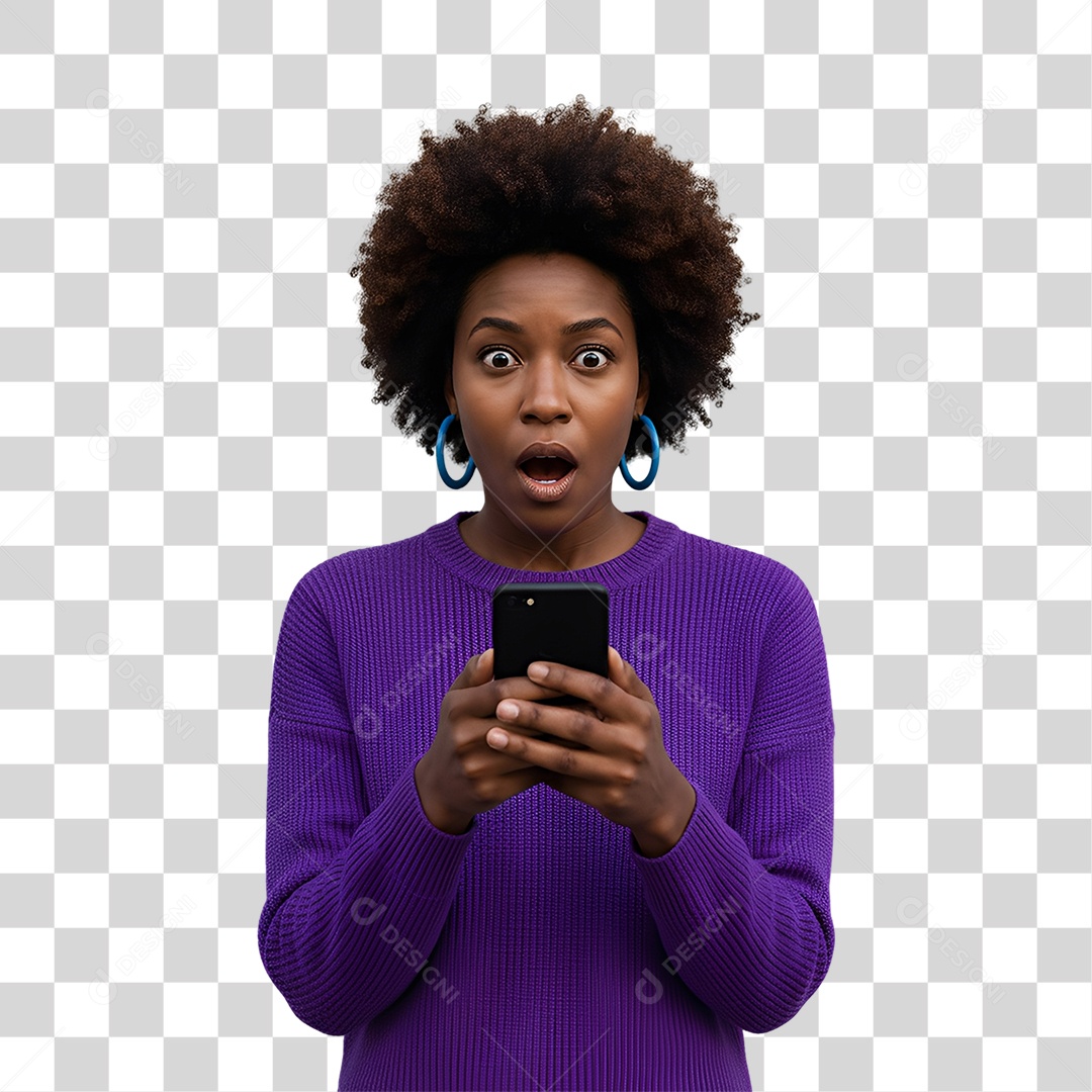 Mulher surpresa olhando para celular expressão de choque PNG transparente