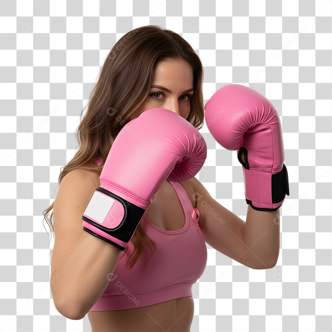 Mulher lutadora com luvas de boxe rosas em posição de ataque PNG transparente