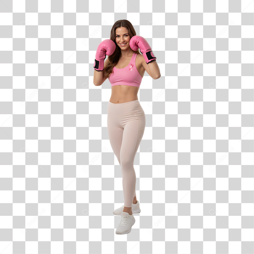 Mulher lutadora com luvas de boxe rosas em posição de ataque PNG transparente