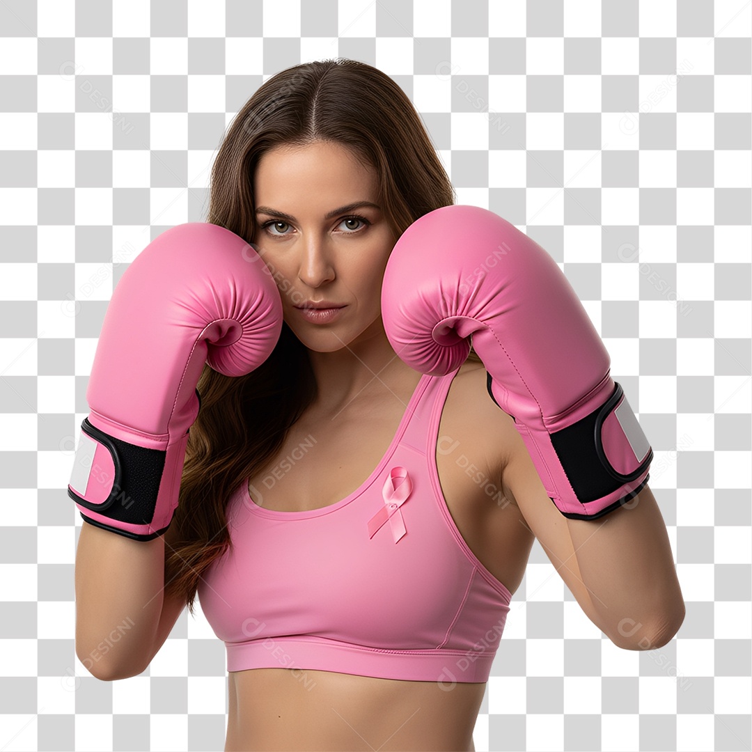 Mulher lutadora com luvas de boxe rosas em posição de ataque PNG transparente