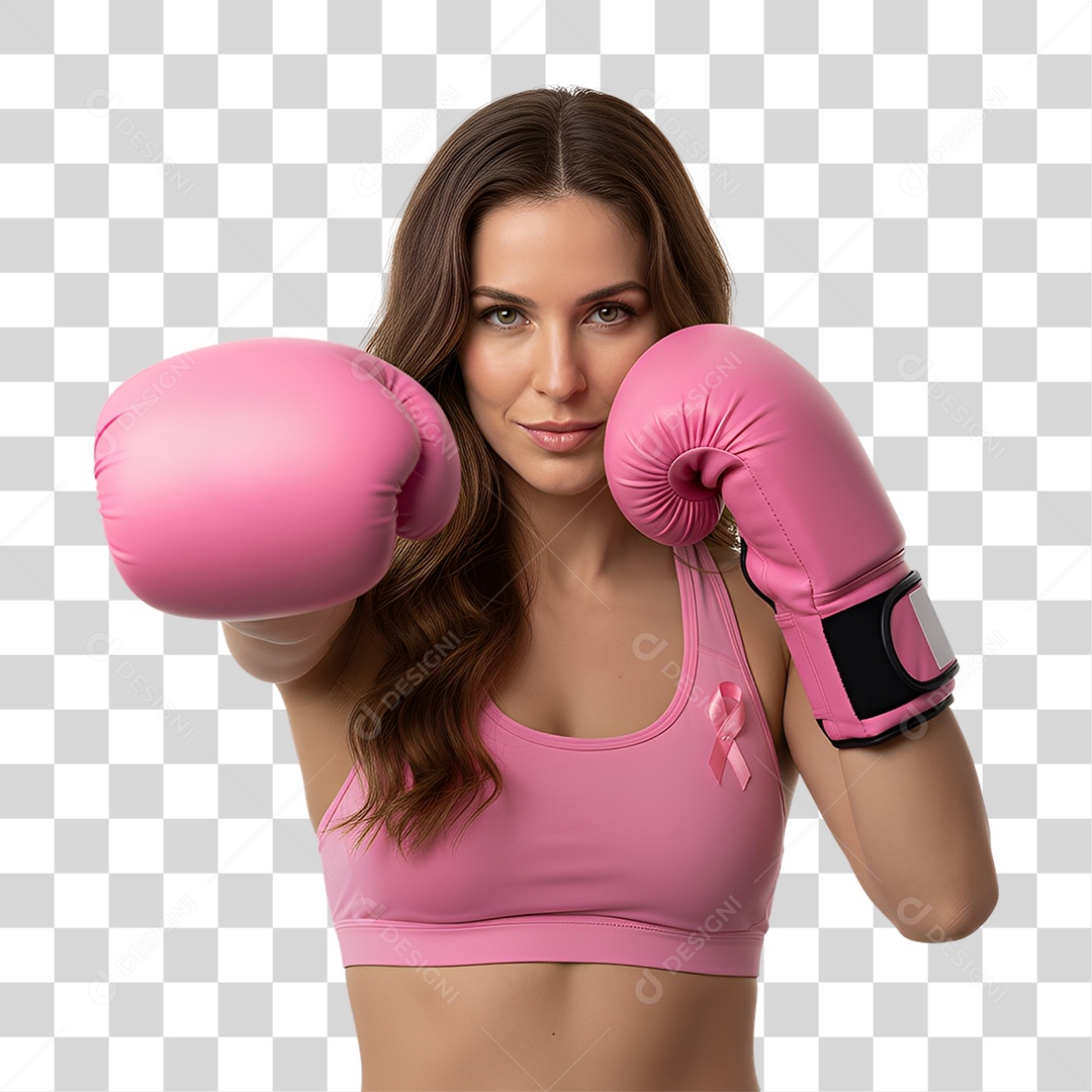Mulher lutadora com luvas de boxe rosas em posição de ataque PNG transparente