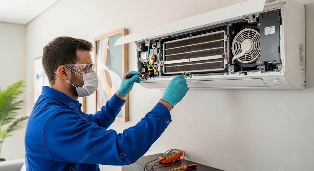 Técnico fezendo uma manutenção em uma unidade de ar-condicionado.