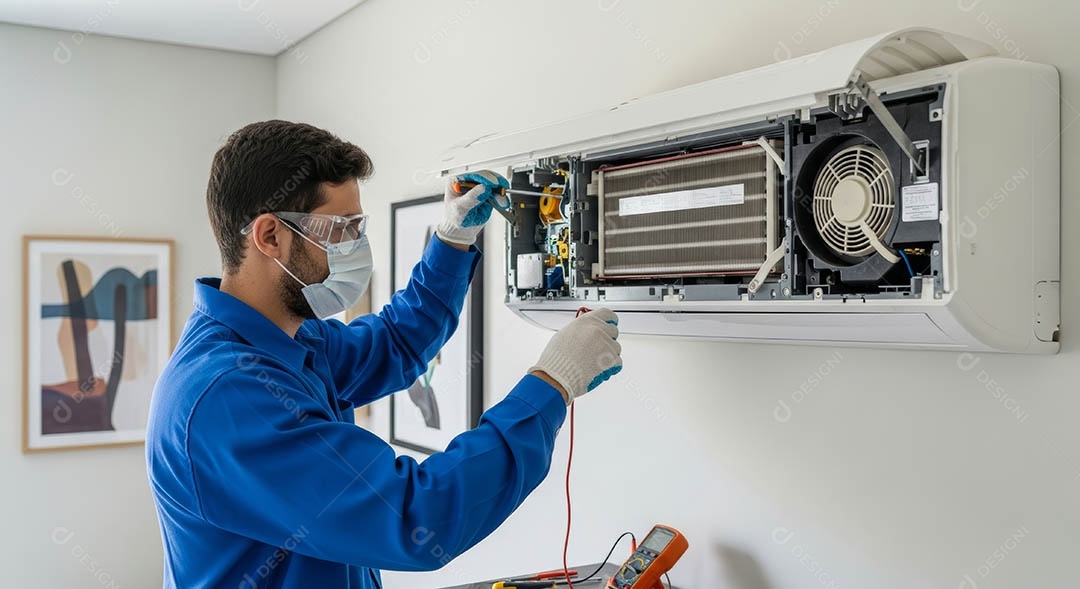 Técnico fezendo uma manutenção em uma unidade de ar-condicionado.