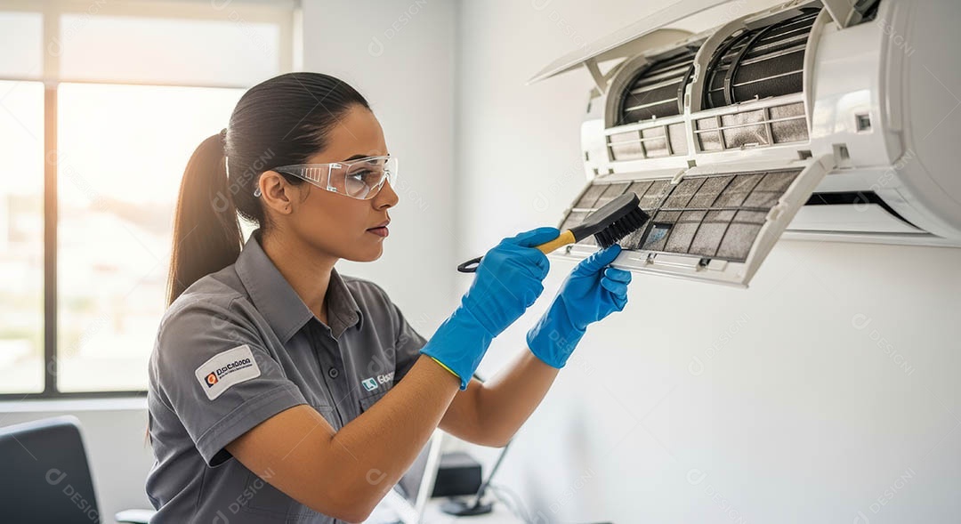 Técnica fezendo uma manutenção em uma unidade de ar-condicionado.